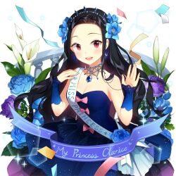 1girl :d anniversary bare_shoulders black_hair black_skirt blue_bow blue_dress blue_flower blue_nails blue_ribbon blue_rose blue_skirt blush bouquet bow bracelet breasts brown_eyes character_name choker clarice_lapis cleavage collarbone cowboy_shot dated dress earrings flower forehead glint hair_bow hair_flower hair_ornament hair_ribbon hairband hand_up hands_up happy_birthday holding holding_bouquet jewelry large_breasts leaf long_hair looking_at_viewer medium_breasts miniskirt multicolored_hair nail_polish necklace non-web_source open_mouth pantyhose parted_bangs pink_flower pink_rose purple_dress purple_flower purple_rose red_eyes red_flower red_rose ribbon rose salt_(salty) simple_background skirt sleeveless sleeveless_dress small_breasts smile solo sparkle standing strapless strapless_dress twitter_username uchi_no_hime-sama_ga_ichiban_kawaii very_long_hair white_background yellow_flower yellow_rose