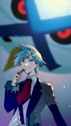1boy alternate_color closed_mouth collared_shirt commentary_request gen_3_pokemon hand_up highres holding jacket long_sleeves male_focus mega_metagross mega_pokemon metagross necktie nintendo open_clothes open_jacket pokemon pokemon_(creature) pokemon_oras red_necktie sekiro_(skrn_14) shiny_pokemon shirt short_hair smile spiked_hair steven_stone vest