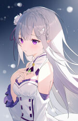 1girl absurdres bare_shoulders braid clothing_cutout commentary crown_braid detached_sleeves emilia_(re:zero) flower flower_ornament gem green_gemstone hair_flower hair_ornament highres light_particles long_hair purple_eyes re:zero_kara_hajimeru_isekai_seikatsu solo usagi_(786113654) very_long_hair white_hair