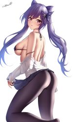 1girl alternate_costume ass back bad_id bad_twitter_id bare_shoulders bikini black_bikini black_pantyhose black_skirt braid breasts cone_hair_bun genshin_impact hair_bun hair_ears hair_ornament halterneck highres keqing_(genshin_impact) large_breasts leg_up long_hair long_sleeves looking_at_viewer looking_back miniskirt off_shoulder pantyhose parted_lips pink_eyes pleated_skirt purple_hair shirt simple_background skirt solo strap_gap string_bikini swimsuit twintails white_background white_shirt wsman