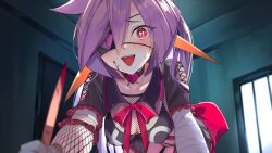 1girl arm_wrap black_choker black_sailor_collar blood blood_on_face blood_on_scissors blush breasts broken_heart choker eyepatch fishnet_top fishnets heart heart-shaped_pupils heart_choker highres holding holding_scissors long_hair may_nakasaki mercy_modiste open_mouth purple_hair red_eyes sailor_collar scissors second-party_source solo sweat symbol-shaped_pupils vallure virtual_youtuber yandere
