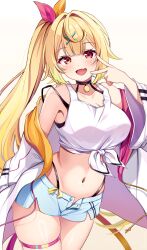 1girl bare_shoulders blonde_hair blue_shorts blush breasts crop_top hair_ornament hair_ribbon heterochromia highleg highleg_panties highres hoshikawa_sara hoshikawa_sara_(1st_costume) jacket kano3 long_hair looking_at_viewer navel nijisanji off_shoulder open_mouth panties panty_straps red_eyes ribbon shirt short_shorts shorts side_ponytail simple_background smile solo tank_top thigh_strap tied_shirt underwear v virtual_youtuber white_background white_jacket white_tank_top x_hair_ornament yellow_eyes