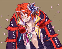 1boy armor brown_background clenched_teeth commentary_request eyes_visible_through_hair falling_petals hair_between_eyes hair_over_one_eye japanese_armor kagerou_(ragnarok_online) kote kurokote looking_at_viewer male_focus orange_eyes orange_hair petals pinwheel_hair_ornament ragnarok_online shirt short_hair simple_background sketch solo teeth upper_body white_shirt yukimushi