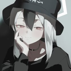 1girl absurdres black_choker black_hair black_hat black_jacket blue_archive bucket_hat choker closed_mouth commentary_request grey_background hair_down halo hat head_rest highres jacket kayoko_(blue_archive) long_sleeves looking_at_viewer medium_hair portrait smile solo toriko_(honmono) white_hair