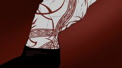 Rule 34 | 1boy, arched back, arms up, back muscles, black pants, crest, highres, male focus, michael roa valdamjong, muscular, muscular male, nakatani (naka6130), pants, red background, stretching, tsukihime, tsukihime (remake)