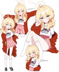 1girl absurdres ahoge argyle_background averting_eyes blonde_hair blue_archive blush flying_sweatdrops full_body highres jacket jacket_partially_removed knees_together_feet_apart lattes2 logo_print looking_at_viewer multiple_views outstretched_arms pink_skirt pleated_skirt print_shirt red_jacket shirt simple_background sitting skirt t-shirt twintails w white_background white_shirt yoshimi_(band)_(blue_archive) yoshimi_(blue_archive)