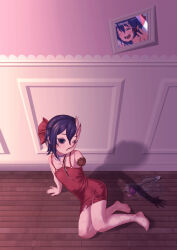 1girl amputee blue_eyes blue_hair blush bow broken_glass commentary_request double_v dress flower glass hallway highres horns miside mita_(miside) on_floor one_eye_closed open_mouth photo_(object) picture_frame red_bow red_dress rose scar shadow short_hair single_horn sitting smile stitches tenchi666 tiny_mita_(miside) v water
