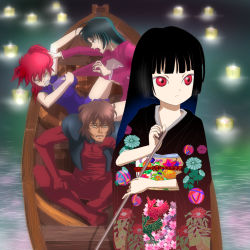 1boy 3girls ali_al-saachez angry black_hair blunt_bangs boat breasts candle catfight cleavage clothes_pull enma_ai flower good_end grabbing_another&#039;s_hair gundam gundam_00 highres hime_cut japanese_clothes jigoku_shoujo kimono lantern lantern_on_liquid large_breasts long_hair moheji multiple_girls nena_trinity paper_lantern parody red_eyes red_hair shirt_pull side_ponytail wang_liu_mei water watercraft yellow_eyes
