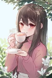 1girl blue_sky blush brown_hair closed_mouth cup dated day flower hair_between_eyes hands_up holding holding_cup holding_saucer kobutanori long_hair long_sleeves looking_at_viewer original outdoors pink_shirt puffy_long_sleeves puffy_sleeves red_eyes saucer shirt sky smile solo upper_body very_long_hair white_flower