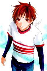 Rule 34 | 1boy, brown eyes, brown hair, ever 17, ginnoturu, kaburaki ryougo, layered sleeves, long sleeves, pants, shirt, short hair, short over long sleeves, short sleeves, solo, striped clothes, striped shirt