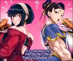 2girls ? bare_shoulders black_hair blue_dress blush breasts brown_eyes burger capcom china_dress chinese_clothes chun-li clothing_cutout cropped crossover double_bun dress earrings eating food food_on_face hair_bun holding holding_burger holding_food jewelry large_breasts looking_at_viewer multiple_girls muscular muscular_female open_mouth paid_reward_available pink_background red_eyes red_sweater sidelocks spy_x_family street_fighter street_fighter_6 sweater sweater_dress teeth the_golden_smurf two-tone_dress upper_teeth_only watermark web_address white_dress yor_briar