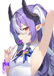 1girl absurdres arm_up armpits bare_shoulders bow bowtie breasts brooch candy collared_shirt cuffs dragon_horns earrings food hair_between_eyes hair_ornament hairclip hand_up heterochromia highres holding holding_candy holding_food holding_lollipop horns jewelry lollipop long_hair looking_at_viewer multicolored_hair nail_polish original parted_lips pointy_ears presenting_armpit purple_hair purple_nails red_eyes shaoxiao shirt simple_background sleeveless sleeveless_shirt small_breasts solo two-tone_hair two_side_up upper_body white_background white_hair white_shirt yellow_eyes