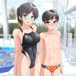 1boy 1girl absurdres age_difference ahoge black_hair black_one-piece_swimsuit blue_eyes breasts clock commentary_request competition_swimsuit covered_navel cowboy_shot highleg highleg_one-piece_swimsuit highres indoors lane_line large_breasts logo male_swimwear one-piece_swimsuit onee-shota orange_male_swimwear original ponytail pool red_eyes standing swim_briefs swimsuit takafumi two-tone_swimsuit variant_set