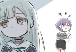 2girls bang_dream! bang_dream!_it&#039;s_mygo!!!!! black_choker black_skirt cellphone choker closed_mouth commentary cucumber eating food frilled_choker frills green_ribbon grey_shirt hair_ornament hairclip holding holding_food holding_phone lyy multiple_girls neck_ribbon off-shoulder_shirt off_shoulder phone purple_hair ribbon shirt short_hair skirt smartphone squiggle symbol-only_commentary wakaba_mutsumi yellow_eyes yuutenji_nyamu