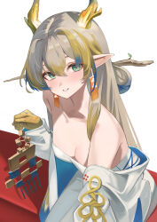 Rule 34 | 1girl, :d, absurdres, arknights, bare shoulders, blonde hair, blue hair, blush, breasts, cleavage, colored extremities, commentary, dragon girl, dragon horns, earrings, green eyes, grey hair, hair between eyes, hair intakes, highres, holding, holding jewelry, holding necklace, horns, jewelry, long hair, long sleeves, looking at viewer, medium breasts, multicolored hair, necklace, off shoulder, open mouth, pointy ears, remapack77, shu (arknights), sitting, smile, solo, unworn jewelry, unworn necklace