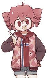 Rule 34 | 1girl, alternate costume, baguette, bread, cowboy shot, drill hair, fang, flag print, food, food print, hand up, hood, hoodie, jacket, kasane teto, long sleeves, looking at viewer, meltypen, norwegian flag, open clothes, open jacket, open mouth, print hoodie, print jacket, red eyes, red hair, red hoodie, short shorts, shorts, simple background, solo, standing, twin drills, utau, white background