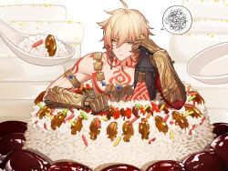 Rule 34 | 1boy, abs, ahoge, arm tattoo, armlet, armor, armored gloves, belt, black coat, blonde hair, braid, chest tattoo, chinese commentary, chopsticks, coat, commentary request, dabeizhuanghuangmenjimifan, dumpling, earrings, facial tattoo, food, gold earrings, gold necklace, gradient hair, hair between eyes, highres, honkai: star rail, honkai (series), jewelry, male focus, medium hair, miniature, multicolored hair, mydei (honkai: star rail), necklace, on food, open clothes, open coat, orange eyes, oversized spoon, pauldrons, red hair, red tattoo, shoulder armor, side braid, single pauldron, sitting on food, solo, spoken squiggle, spoon, squiggle, tattoo, toned, toned male