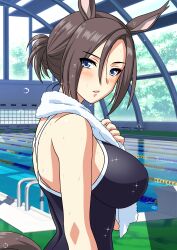 1girl absurdres air_groove_(umamusume) alternate_costume animal_ears bare_shoulders black_one-piece_swimsuit breasts brown_hair clothing_cutout commentary_request competition_school_swimsuit highres horse_ears horse_girl horse_tail indoors large_breasts one-piece_swimsuit pool purple_eyes school_swimsuit solo swimsuit tail tail_through_clothes towel towel_around_neck umamusume water wet yuuyuu_(3jjbn)