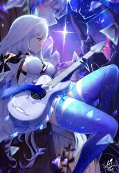 1girl absurdres artezahn artist_logo breasts closed_mouth commentary crate dated dress english_commentary from_side genshin_impact grey_hair highres instrument large_breasts logo long_hair looking_afar looking_ahead making-of_available music playing_instrument profile red_eyes sitting skirk_(genshin_impact) solo thighs very_long_hair white_dress