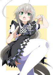 Rule 34 | 1girl, :o, absurdres, ahoge, apron, back bow, black apron, black bow, blush, bow, bowtie, checkered bow, checkered bowtie, checkered clothes, checkered skirt, commentary, cowboy shot, crossed bangs, cynical (llcbluckg c004), fighting stance, foreshortening, frilled apron, frills, green eyes, grey hair, hair between eyes, haiyore! nyaruko-san, hands up, highres, huge ahoge, long hair, looking at viewer, miniskirt, nyarlathotep (nyaruko-san), open mouth, shirt, short sleeves, sidelocks, skirt, solo, standing, standing on one leg, tareme, thick thighs, thighhighs, thighs, v-shaped eyebrows, very long hair, white shirt, white thighhighs