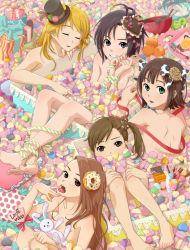 Rule 34 | 5girls, ahoge, amami haruka, antenna hair, barefoot, black eyes, blonde hair, bow, brown eyes, brown hair, candy, chocolate, chocolate bar, closed eyes, donut, feet, food, futami mami, gift, green eyes, grin, hair bow, hat, highres, hoshii miki, idolmaster, idolmaster (classic), in food, kikuchi makoto, long hair, macaron, minase iori, mini hat, mini top hat, mixing bowl, multiple girls, nail polish, nude, open mouth, partially submerged, pocky, short hair, side ponytail, sleeping, smile, stuffed animal, stuffed rabbit, stuffed toy, sweets, toenail polish, toenails, tongue, tongue out, top hat, valentine, whisk, yachiwo