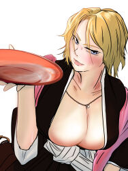 1girl bleach blonde_hair blue_eyes breasts chain chain_necklace collarbone jewelry large_breasts matsumoto_rangiku medium_hair mole mole_under_mouth multiple_girls necklace pink_shawl shawl shihakusho solo teshio_(artist)