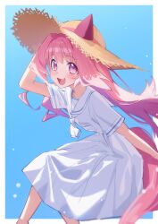 1girl :d absurdres animal_ears arm_up blue_background border commentary_request dress ear_covers ears_through_headwear flower_in_eye freely2327 hand_on_headwear haru_urara_(umamusume) hat hat_ribbon highres horse_ears horse_girl horse_tail invisible_chair long_hair looking_at_viewer neckerchief open_mouth pink_hair pink_ribbon purple_eyes ribbon sailor_collar sailor_dress short_sleeves sitting smile solo straw_hat sun_hat symbol_in_eye tail teeth umamusume upper_teeth_only very_long_hair white_border white_dress white_neckerchief white_sailor_collar yellow_hat