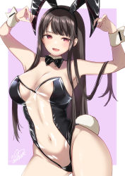 Rule 34 | 1girl, animal ears, areola slip, arms up, azuma yuki, bare arms, bare shoulders, black bow, black bowtie, black hair, black hairband, blush, bow, bowtie, breasts, cleavage, commentary request, detached collar, fake animal ears, fake tail, hairband, highres, large breasts, leotard, long hair, looking at viewer, meme attire, navel, original, parted lips, playboy bunny, purple background, purple eyes, rabbit ears, rabbit tail, see-through clothes, see-through leotard, smile, solo, tail, translucent bunnysuit, wrist cuffs
