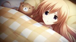 1girl bed bedroom blanket chaos;child checkered_bed_sheet game_cg hair_between_eyes head_on_pillow highres indoors kurusu_nono long_hair looking_at_viewer lying no_print non-web_source official_art on_bed open_mouth orange_hair pajamas pillow pink_pajamas purple_eyes sasaki_mutsumi shiny_lips shiny_skin solo stuffed_animal stuffed_toy teddy_bear tongue under_covers