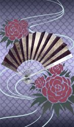 commentary fate/grand_order fate_(series) floral_background floral_print folding_fan hand_fan lasengle no_humans object_focus official_art peony_print purple_background scale_print still_life tessen third-party_source war_fan