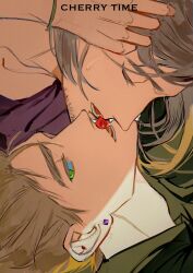 2boys axis_powers_hetalia blonde_hair cherry earrings facial_hair food france_(hetalia) fruit goatee_stubble green_eyes highres jewelry kiss looking_at_viewer male_focus mouth_hold multiple_boys open_mouth saliva short_hair stubble sweatdrop thick_eyebrows united_kingdom_(hetalia) wanlaijuji132 yaoi