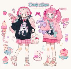 Rule 34 | 2girls, ?, ahoge, animal bag, bag, bandaged ear, banner, black bow, black hoodie, blonde hair, blue bag, blue eyes, blue mask, blush stickers, bonnet, bow, bowtie, cake, cake slice, character print, cherry, chinese commentary, closed mouth, collared shirt, commentary request, cupcake, elbow carry, english text, expressionless, eyelashes, eyepatch, fashion, food, fork, frilled hat, frills, frown, fruit, full body, gradient hair, hair bow, hair ornament, hair ribbon, hairclip, handbag, hat, heart, heart hair ornament, highres, holding, holding bag, holding stuffed toy, holding water gun, hood, hood down, hoodie, ice cream, ice cream cone, long hair, long sleeves, looking ahead, mask, mask around neck, medical eyepatch, miniskirt, mouth mask, multicolored hair, multiple girls, original, pink bow, pink bowtie, pink hair, pink hat, pink hoodie, pink ribbon, pink shoes, pink skirt, pink theme, plaid clothes, plaid skirt, plate, pleated skirt, price tag, puffy long sleeves, puffy sleeves, putong xiao gou, red lips, ribbon, shirt, shoes, shoulder bag, skirt, sleeves past fingers, sleeves past wrists, sneakers, socks, sparkle, straight-on, strawberry, stuffed animal, stuffed rabbit, stuffed toy, traditional bowtie, twintails, water gun, wavy hair, white background, white bag, white shirt, white shoes, white socks, yume kawaii