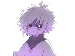 1boy alternate_universe antenna_hair backlighting bandana bandana_around_neck black_bandana black_sclera boat_(8793216653) chara_(undertale) child chinese_commentary closed_mouth colored_sclera colored_skin commentary_request derivative_work flipped_hair gold_necklace heart heart_necklace heterochromia jewelry jitome male_focus necklace raised_eyebrows red_eyes scar scar_across_eye scar_on_face screenshot_redraw shirt short_hair sidelocks simple_background smile swept_bangs undertale upper_body white_background white_eyes white_hair white_shirt white_skin xtale