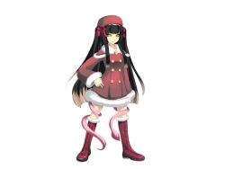 1girl black_hair boots brown_hair capelet closed_mouth dress expressionless eyes_visible_through_hair full_body fur-trimmed_dress fur_trim game_cg hand_on_own_hip hat hime_cut hiruko_(mon-musu_quest!) knee_boots large_variant_set long_hair long_sleeves mon-musu_quest! mon-musu_quest:_paradox multicolored_hair non-web_source nose red_boots red_capelet red_dress red_hat shiki_(psychedelic_g2) sidelocks solo tentacles variant_set yellow_eyes