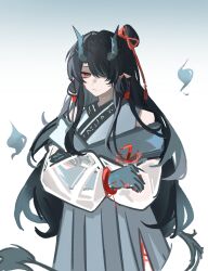 Rule 34 | 1girl, arknights, bare shoulders, black hair, chinese commentary, closed mouth, commentary request, cowboy shot, crossed arms, dragon girl, dragon horns, dress, dusk (arknights), earrings, facepaint, gradient background, grey background, grey dress, grey hair, hair over one eye, highres, horns, jewelry, long hair, long sleeves, multicolored hair, one eye covered, orange eyes, pleated dress, pointy ears, shang ge promax, sketch, solo, standing, staring, streaked hair, white background