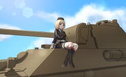 1girl aiguillette belt belt_buckle belt_pouch black_necktie blonde_hair boots brown_eyes buckle cloud garrison_cap german_clothes girls&#039;_frontline hat highres historical_connection military military_hat military_uniform military_vehicle miyami_kyoko motor_vehicle mp40_(girls&#039;_frontline) necktie panther_(tank) pouch sky solo tank tank_turret thigh_strap world_war_ii