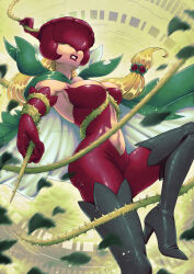 1girl arm_up armpits between_breasts black_boots blonde_hair bodysuit boots breasts brooch cape cleavage clenched_teeth clothing_cutout commentary cosmicleeches digimon digimon_(creature) elbow_gloves english_commentary flower gloves green_background green_cape green_eyes high_heel_boots high_heels highres holding holding_whip jewelry large_breasts leaf lipstick long_hair looking_at_viewer low-tied_long_hair makeup making-of_available navel navel_cutout plant red_bodysuit red_gloves rosemon solo teeth thigh_boots thorns vine_whip vines whip