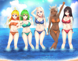 1futanari 4girls 5girls :d absurdres ahoge arm_up bandeau bare_arms bare_shoulders beach bikini black_hair black_sclera blonde_hair blue_bikini blue_eyes blue_sky blush braid breasts cleavage cloud colored_sclera commission commissioner_upload dark-skinned_female dark_skin day earrings elf euphemy_sylvaine flat_chest front-tie_bikini_top front-tie_top futanari green_bikini green_eyes green_hair hair_between_eyes halterneck hand_up highres holding_hands hong_mei_ling_(ways_of_darkness) horizon horns incredibly_absurdres jewelry large_breasts locked_arms long_hair looking_at_viewer lori_hagami lotte_farona medium_breasts multiple_girls navel nemezish ocean official_art open_mouth orange_bikini outdoors pointy_ears queen_imani red_eyes red_swimsuit side-tie_bikini_bottom sky small_breasts smile spikes standing stomach strapless strapless_bikini swimsuit twin_braids underboob v wading water ways_of_darkness_(series) white_hair yellow_eyes
