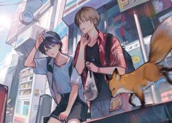 2boys adjusting_clothes adjusting_headwear backpack bag black_bag black_hair black_shirt black_shorts brown_eyes brown_hair casual commentary_request fox fushimi_gaku fushimi_gaku_(2nd_costume) hawaiian_shirt highres holding holding_bag jewelry kenmochi_touya looking_at_viewer magatama magatama_necklace male_focus multiple_boys necklace nijisanji outdoors plastic_bag protected_link red_shirt ring shirt short_hair short_sleeves shorts sweat tsuta1218 vending_machine virtual_youtuber