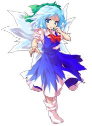 1girl alphes_(style) aqua_hair blue_eyes blue_skirt bobby_socks cirno collared_shirt commentary_request dairi defeat full_body green_ribbon hair_ribbon hand_up ice ice_wings large_variant_set long_skirt looking_at_viewer medium_hair neckerchief open_mouth parody red_neckerchief ribbon shirt short_sleeves skirt skirt_set socks solo style_parody tachi-e torn_clothes touhou transparent_background variant_set white_shirt white_socks wings