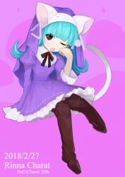1girl absurdres animal_hat blunt_bangs boots brown_boots brown_ribbon cat_hat character_name copyright_name dated di_gi_charat di_gi_charat_nyo! dress hat headdress highres juliet_sleeves long_sleeves open_mouth pink_background puffy_sleeves purple_dress ribbon rinna_(di_gi_charat) sitting sleepy toritoma_(sweetandsour) yawning