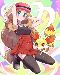 1girl :o blonde_hair blue_eyes breasts collared_shirt commentary_request cyaneko eyelashes fennekin gen_6_pokemon hands_up hat highres light_blush long_hair low-tied_long_hair nintendo open_mouth pink_hat pleated_skirt pokemon pokemon_(anime) pokemon_(creature) pokemon_xy_(anime) red_skirt serena_(pokemon) shirt shoes skirt sleeveless sleeveless_shirt thighhighs