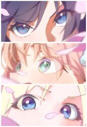 Rule 34 | 3girls, absurdres, aqua eyes, blonde hair, blue eyes, blue hair, column lineup, commentary request, eye focus, eyes visible through hair, falling petals, hashtag-only commentary, highres, hinoshita kaho, link! like! love live!, looking at viewer, looking up, love live!, multiple girls, murano sayaka, open mouth, orange hair, osawa rurino, petal on nose, petals, pink hair, pink petals, sunkeun, v-shaped eyebrows, virtual youtuber