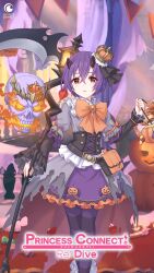 1girl bucket burning candy commentary cowboy_shot crown dress english_commentary english_text flaming_eye floating_skull food frilled_dress frills highres holding holding_bucket holding_sickle holding_weapon jack-o&#039;-lantern lantern mini_crown mole mole_under_eye official_art open_mouth princess_connect! purple_hair red_eyes ribbon second-party_source shinobu_(halloween)_(princess_connect!) shinobu_(princess_connect!) sickle weapon