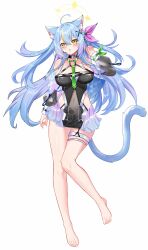 1girl absurdres ahoge animal_ear_fluff animal_ears bare_shoulders barefoot blue_hair blush breasts cat_ears cat_girl cybermyth godsoul gradient_hair hair_ornament highres multicolored_hair non-web_source orange_eyes purple_hair solo streaked_hair tail x_hair_ornament