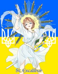 1girl blue_eyes bob_cut book braid breasts collarbone crown_braid dress ecstasy hair_between_eyes hand_up highres holding holding_book holding_quill japanon medium_breasts missile nail_polish narrowed_eyes non-web_source open_mouth original quill robe russo-ukrainian_war sheath sheathed short_hair solo st._excalibur sword thighs tryzub ukraine ukrainian_flag weapon white_dress white_robe