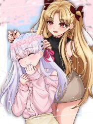 2girls bare_shoulders black_shirt blonde_hair blush bow breasts closed_eyes clothing_cutout earrings ereshkigal_(fate) fate/grand_order fate_(series) grey_skirt hair_bow hair_ribbon highres jewelry kama_(fate) kawairuka_ko long_hair long_sleeves medium_breasts multiple_girls off_shoulder open_mouth parted_bangs pink_sweater red_eyes ribbon shirt shoulder_cutout skirt smile sweater two_side_up white_hair