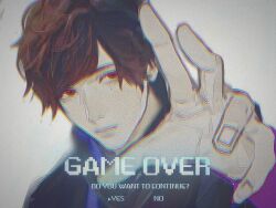 Rule 34 | 1boy, black jacket, brown hair, chromatic aberration, commentary request, english text, game over, heavy chromatic aberration, izu (user tmtu7743), jacket, kamen rider, kamen rider ex-aid (series), looking at viewer, looking to the side, looking up, male focus, mole, mole under eye, parad, purple sleeves, reaching, reaching towards viewer, red eyes, short hair, solo, tokusatsu, upper body, white background