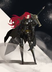 1girl absurdres armor armored_boots arowana2111 black_armor boots highres huge_weapon knight long_hair original red_hair scabbard sheath shoulder_armor standing sword weapon