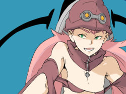 00s 1girl bikini bikini_top_only cross cynthia_lane female_focus flat_chest green_eyes hat overman_king_gainer pink_hair simple_background solo swimsuit twintails upper_body
